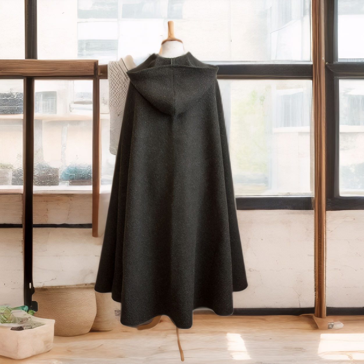 Grey Wool Hooded Cloak